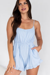 Behind The Glances Backless Ruffle Hem Romper (Light Blue)