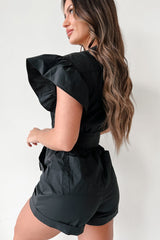 Shula Button-Front Ruffle Sleeve Romper (Black)