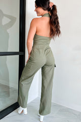 Social Call Denim Halter Cargo Jumpsuit (Olive)