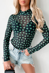 Don't Press Your Luck Shamrock Printed Mesh Bodysuit (Black)