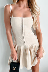 Take Me Away Pleated Hook & Eye Mini Dress (Oatmeal)