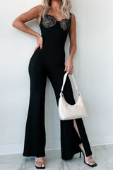 Beautiful Lie Lace Contrast Slit Flare Jumpsuit (Black)