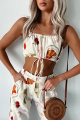 French Bistro Printed Drawstring Crop Top (Ivory)