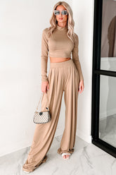 Faded Dreams Long Sleeve Crop Top & Pant Set (Khaki Dark)