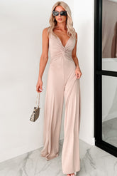 Italian Summers Sleeveless Twist-Knot Jumpsuit (Taupe)