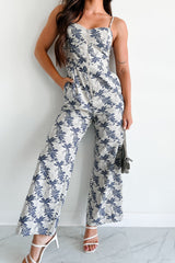 Midnight Oasis Zip-Front Printed Wide Leg Jumpsuit (Grey/Navy)