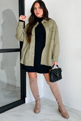 Heading To Town Oversized Faux Suede Shacket (Olive)