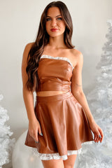 DOORBUSTER Flirty Tendencies Ruffle Lace Faux Leather Tube Top (Brown)
