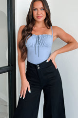 Effortless Appeal Shirred Spaghetti Strap Bodysuit (Dusty Blue)