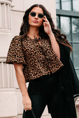 DOORBUSTER Feisty Fashion Front Tie Leopard Print Puff Top (Leopard)