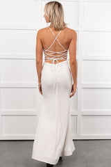 Hollywood Smiles Glittered Lace-Up Maxi Dress (Off White/Silver)