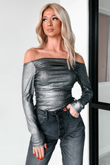 Midnight Magnetism Off The Shoulder Metallic Bodysuit (Galaxy Black)