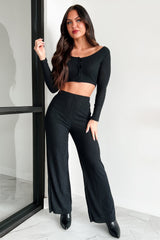 Ive Got My Eye On You Ribbed Long Sleeve Button Down Set (Black)