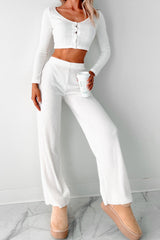 Ive Got My Eye On You Ribbed Long Sleeve Button Down Set (Ivory White)