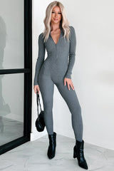 Lowkey And Loving It Zip Front Ribbed Jumpsuit (Heather Grey)