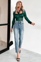 Corporate Hottie Satin Mesh Long Sleeve Bodysuit (Hunter)