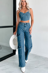 No Invite Needed High Rise Cargo Jeans (Dark Denim)