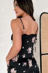 Keeping The Romance Alive Satin Floral Cami Top (Black)