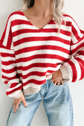 Inspire Me V Neck Striped Knit Sweater (Red/Ivory)