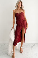 Glow Your Way Strapless Floral Midi Dress (Wine)