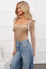 Luxe Mentality Sheer Sleeve Velvet Bodysuit (Coffee)
