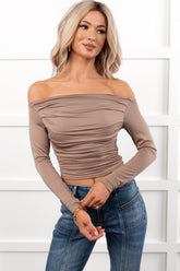 Rosy Reality Boat Neck Long Sleeve Crop Top (Taupe)