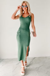 Effortlessly Cool Sleeveless Cargo Pocket Midi Dress (Green)