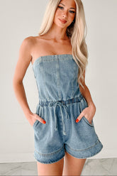High Noon Honey Strapless Denim Romper (Light Denim)
