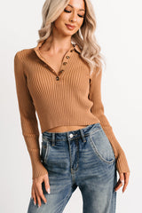 Half Serious Long Sleeve Ribbed Knit Polo Top (Camel)