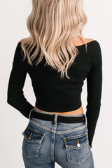 Cute As Ever Ribbed Long Sleeve Knit Crop Top (Black)