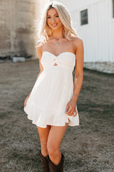 Sunshine Hour Twist Front Strapless Mini Dress (White)
