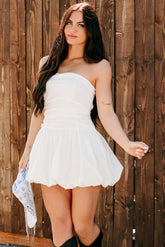 Smile & Stay Strapless Bubble Hem Mini Dress (White)