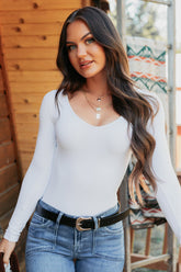 Everyday Lovely V Neck Long Sleeve Bodysuit (White)