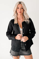 Into The Unknown Denim Contrast Corduroy Collar Jacket (Black)