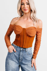 Her Reign Mesh Off The Shoulder Crop Top (Cappuccino)