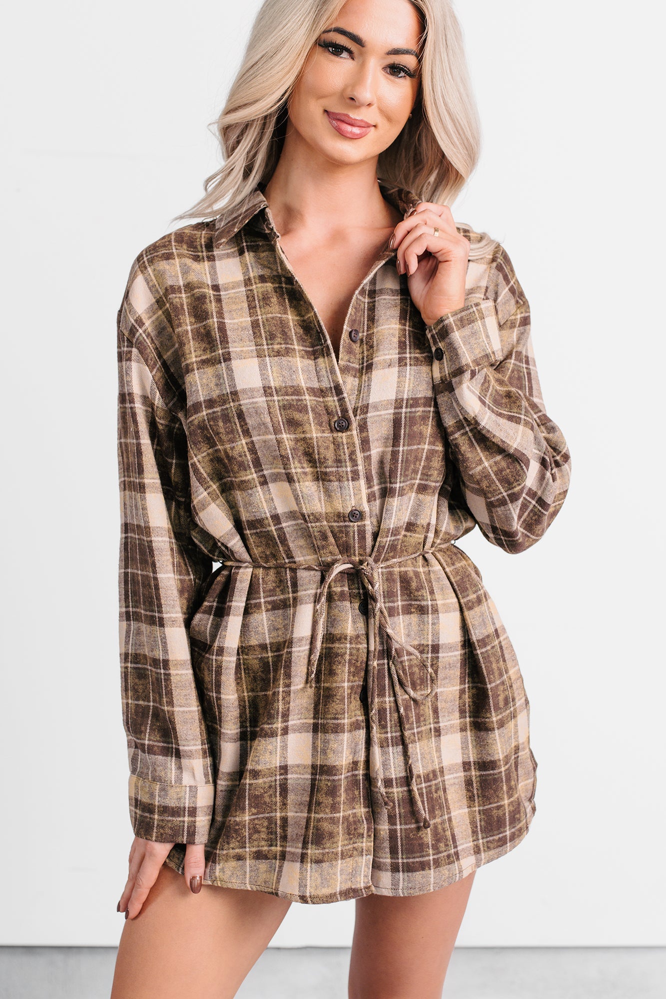 Grounded Ease Waist Tie Plaid Romper (Brown)