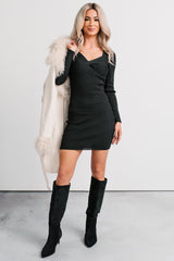 Hey Pretty Long Sleeve Ribbed Mini Dress (Black)