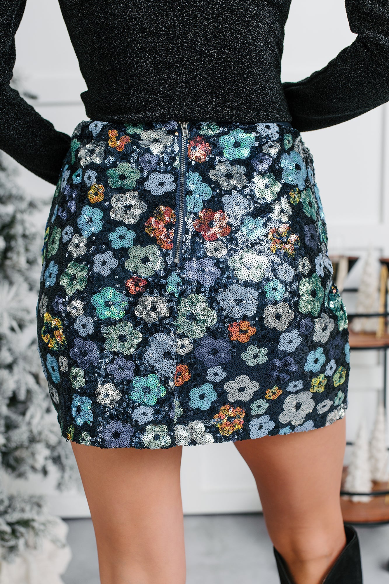 Fresh Picked Floral Sequin Mini Skirt (Midnight)