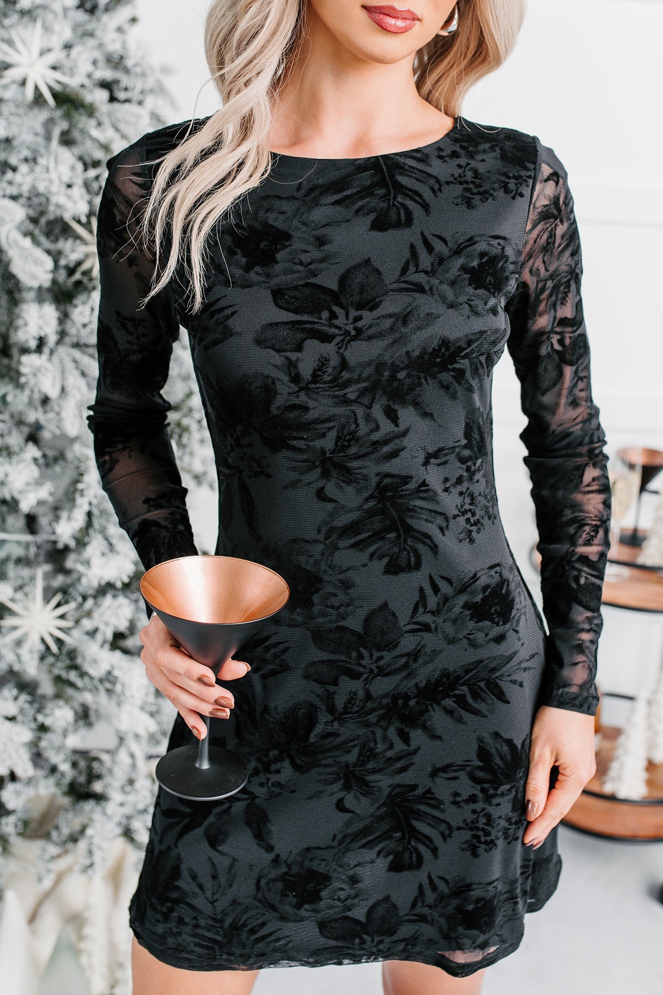 Flirty Rush Floral Long Sleeve Mini Dress (Black)