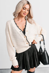Darling Hour Cable Knit Contrast Cardigan (Ivory/Black)