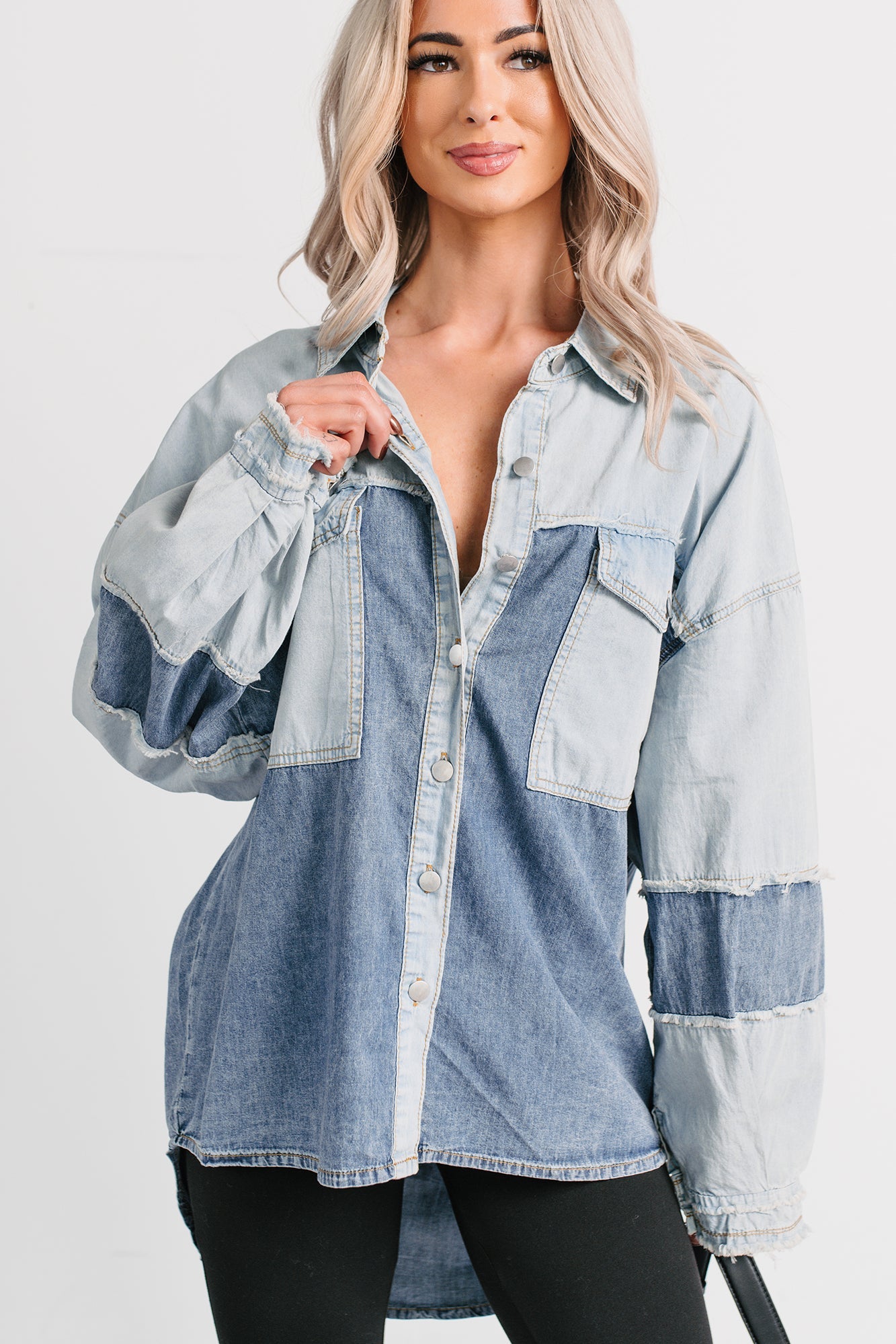 Laugh Lines Raw Seam Denim Shacket (Denim Multi)