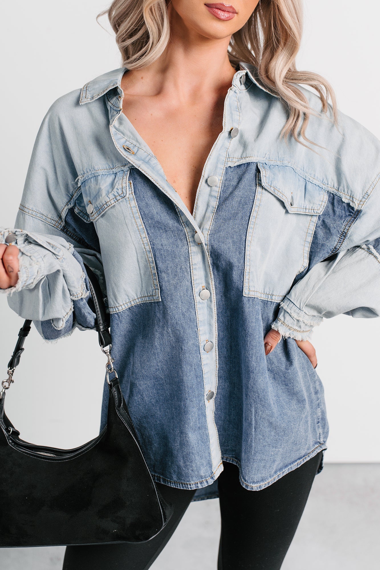 Laugh Lines Raw Seam Denim Shacket (Denim Multi)