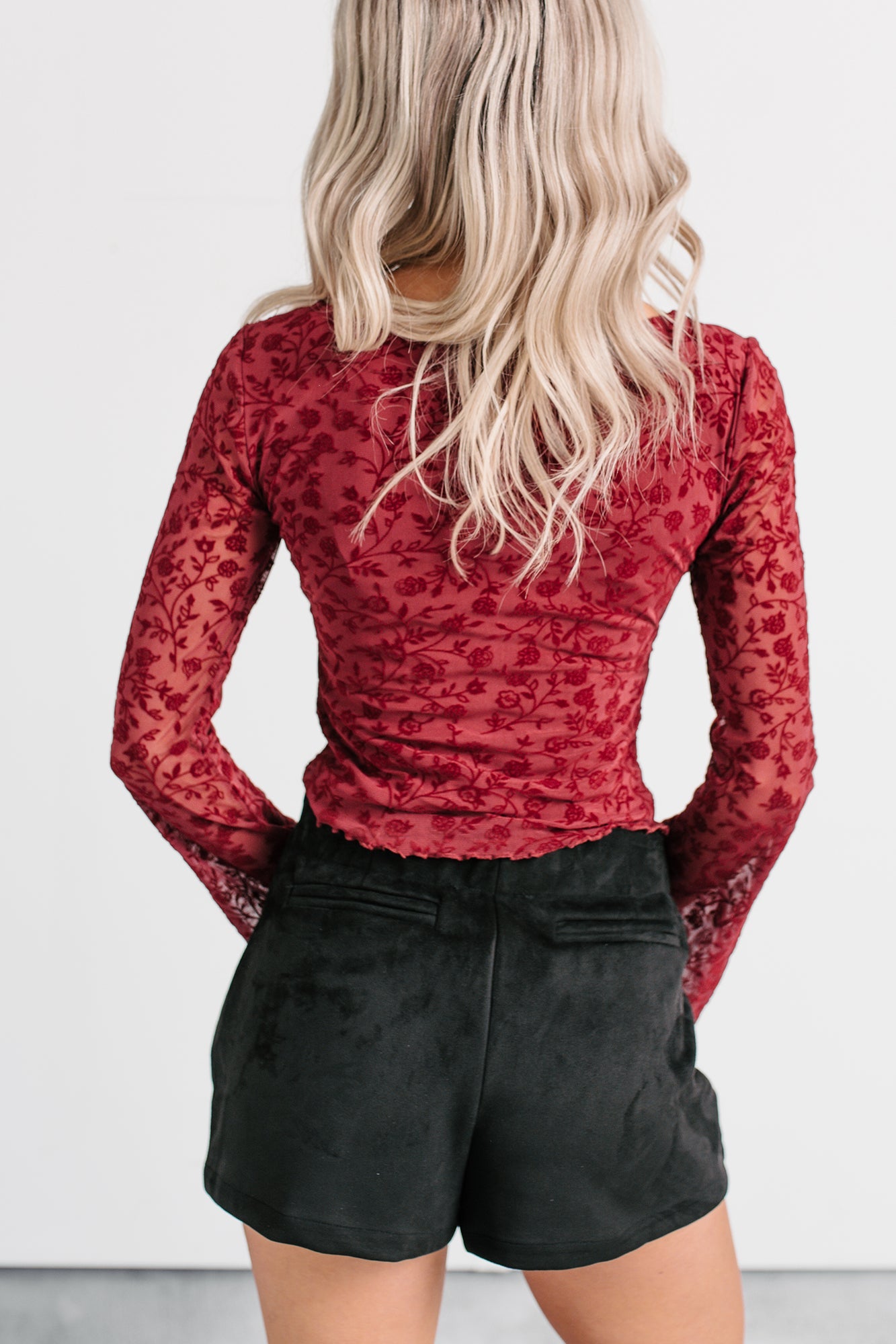 Heart's Calling Long Sleeve Floral Top (Burgundy)