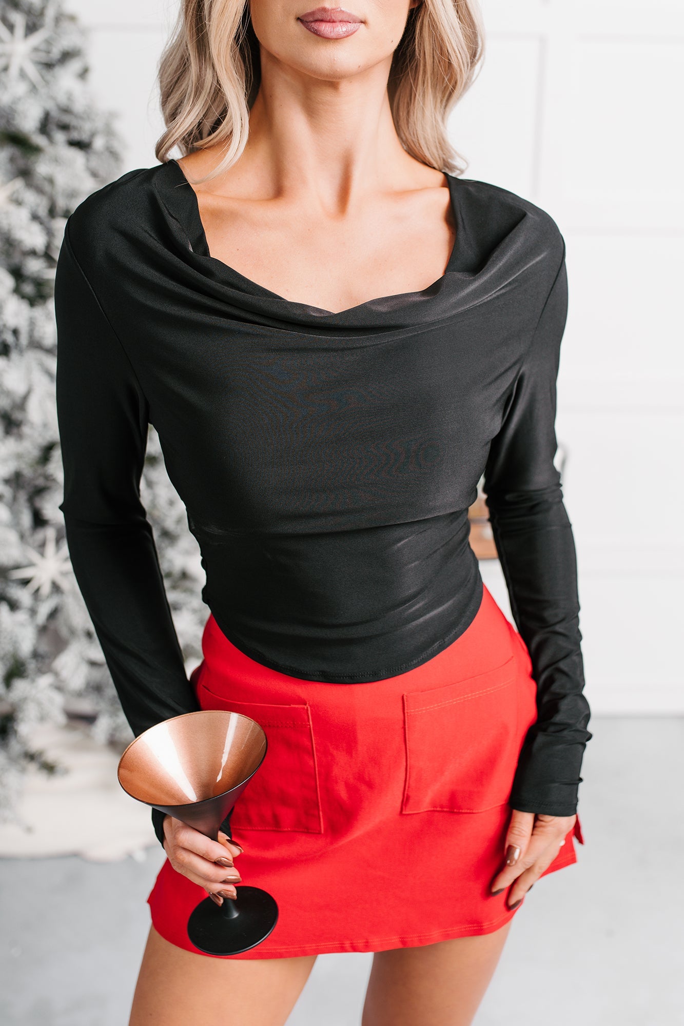 Chasing Time Cowl Neck Long Sleeve Top (Black)