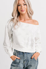 Cozy Nights Abstract Off The Shoulder Sweatshirt (White/Grey)