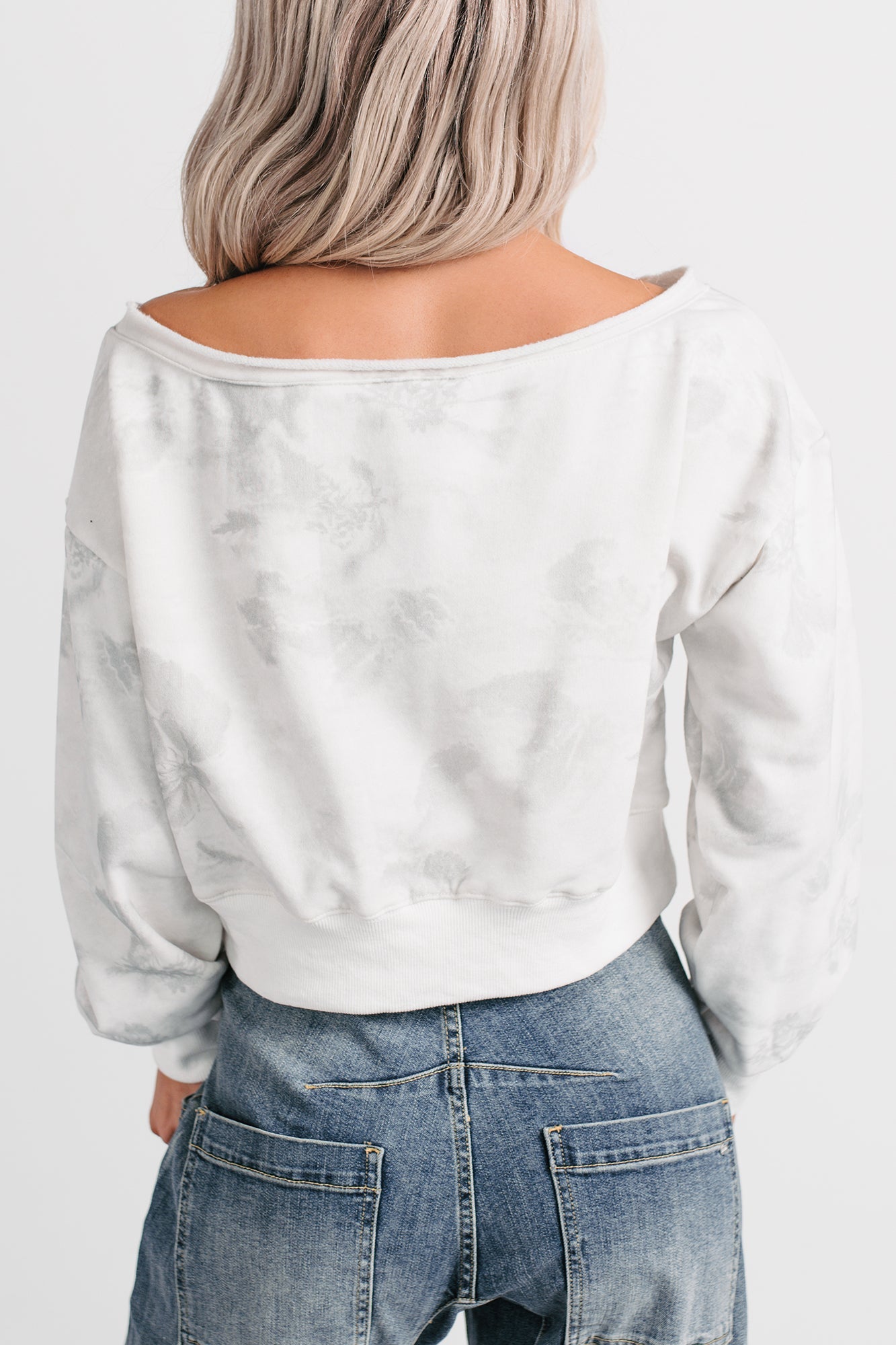 Cozy Nights Abstract Off The Shoulder Sweatshirt (White/Grey)