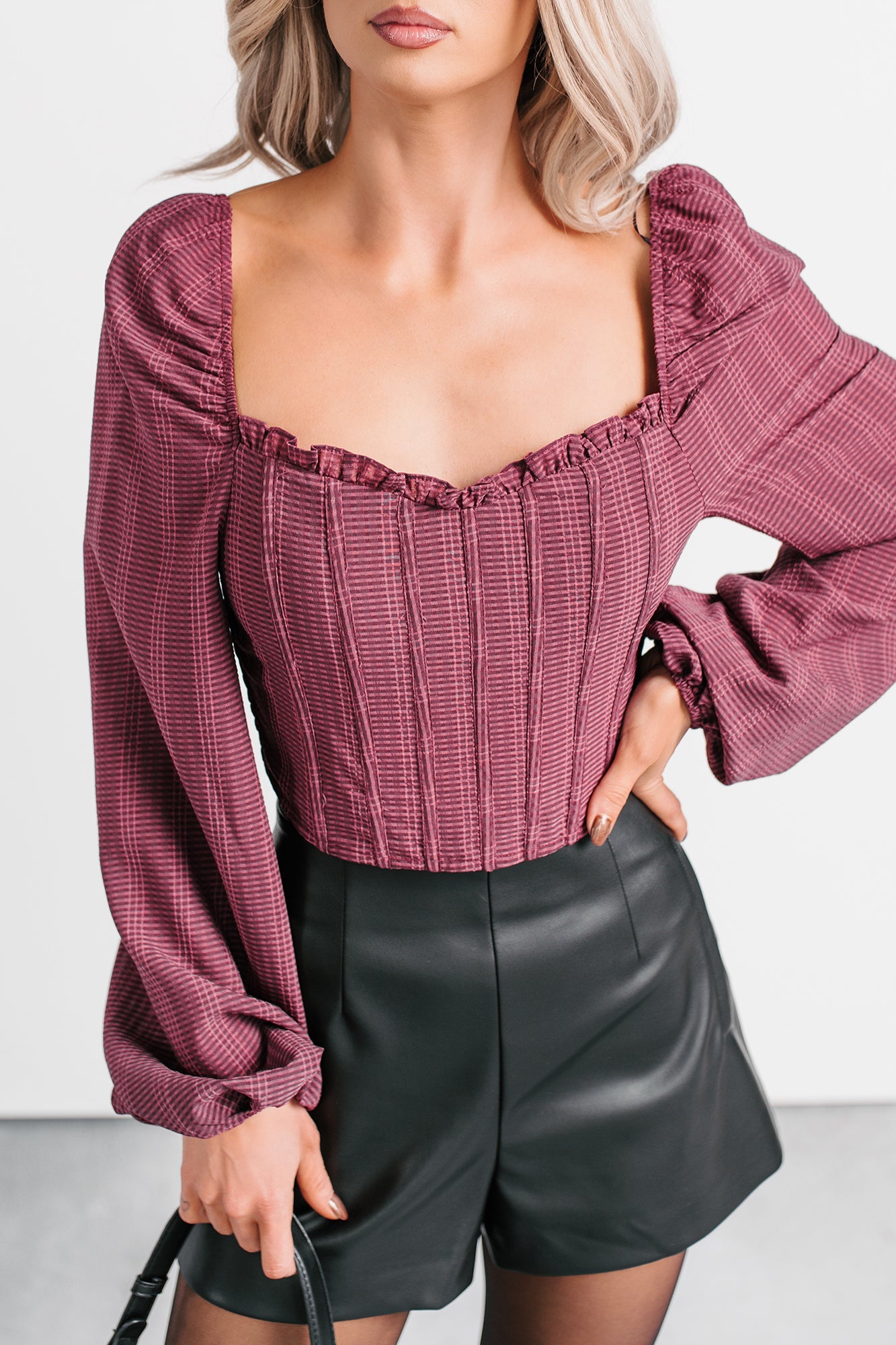 All Of My Love Corset Style Long Sleeve Top (Burgundy)