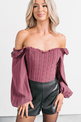 All Of My Love Corset Style Long Sleeve Top (Burgundy)