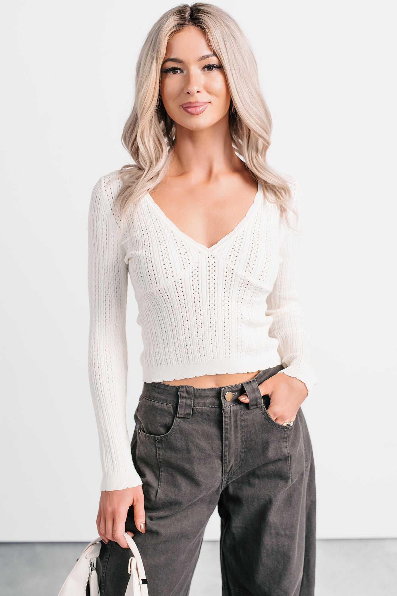 Dreamy Mornings Deep V-Neck Sweater Top (Cream)
