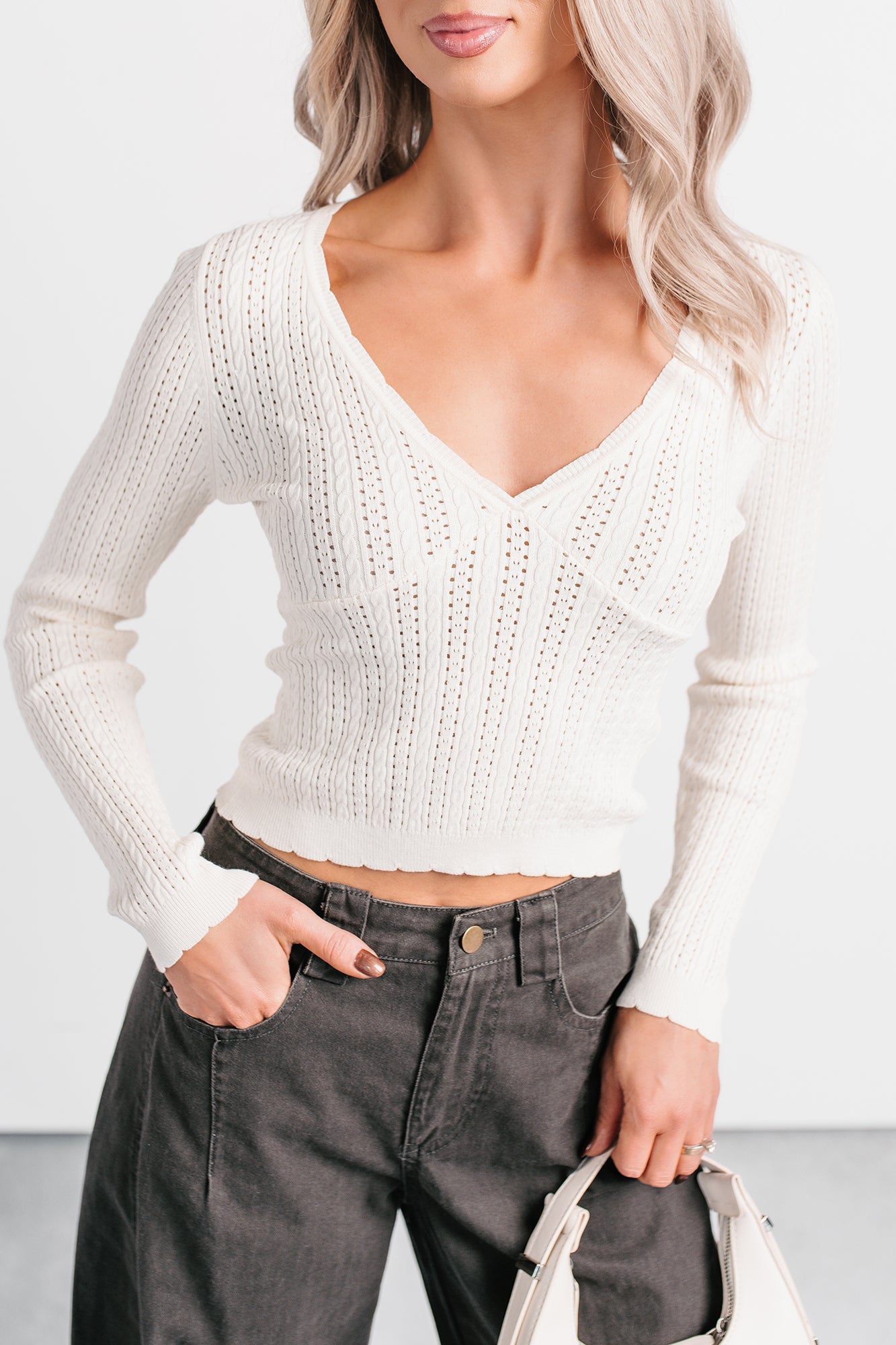 Dreamy Mornings Deep V-Neck Sweater Top (Cream)